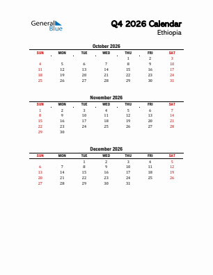 Ethiopia Quarter 4  2026 calendar template