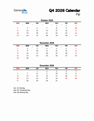 Fiji Quarter 4  2026 calendar template