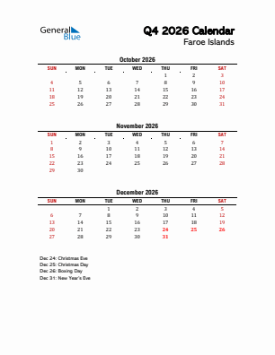 Faroe Islands Quarter 4  2026 calendar template