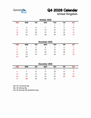 United Kingdom Quarter 4  2026 calendar template