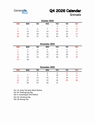 Grenada Quarter 4  2026 calendar template