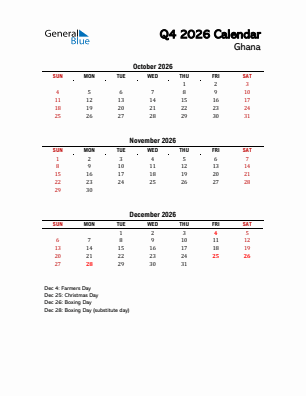 Ghana Quarter 4  2026 calendar template