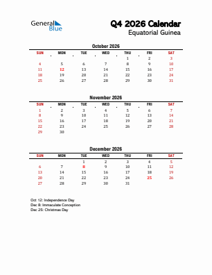 Equatorial Guinea Quarter 4  2026 calendar template