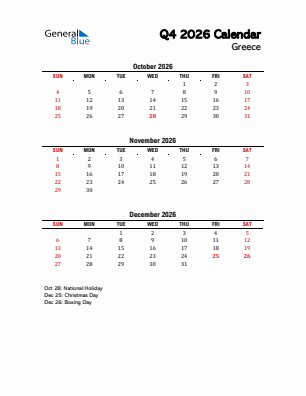 Greece Quarter 4  2026 calendar template