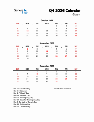 Guam Quarter 4  2026 calendar template