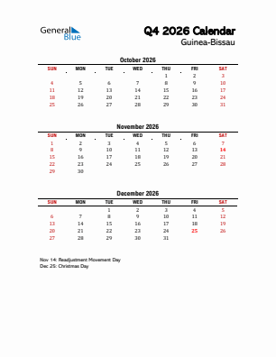 Guinea-Bissau Quarter 4  2026 calendar template