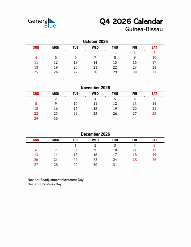 2026 Q4 Calendar with Holidays List for Guinea-Bissau