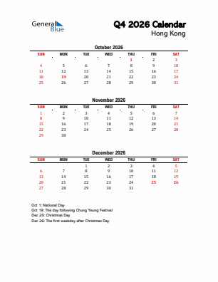 Hong Kong Quarter 4  2026 calendar template