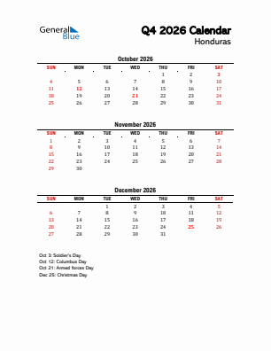 Honduras Quarter 4  2026 calendar template