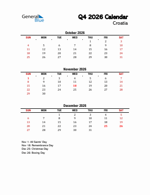 Croatia Quarter 4  2026 calendar template