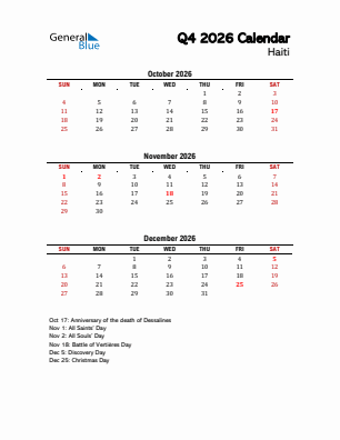 Haiti Quarter 4  2026 calendar template