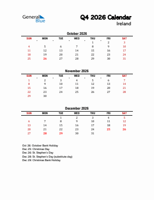 Ireland Quarter 4  2026 calendar template