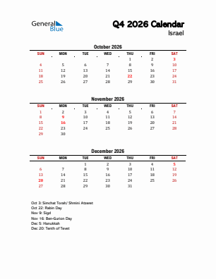 Israel Quarter 4  2026 calendar template
