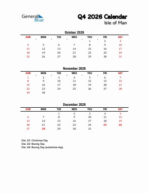 Isle of Man Quarter 4  2026 calendar template
