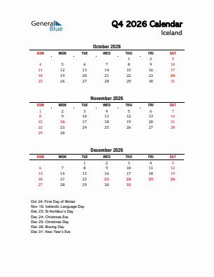Iceland Quarter 4  2026 calendar template