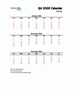 Jersey Quarter 4  2026 calendar template
