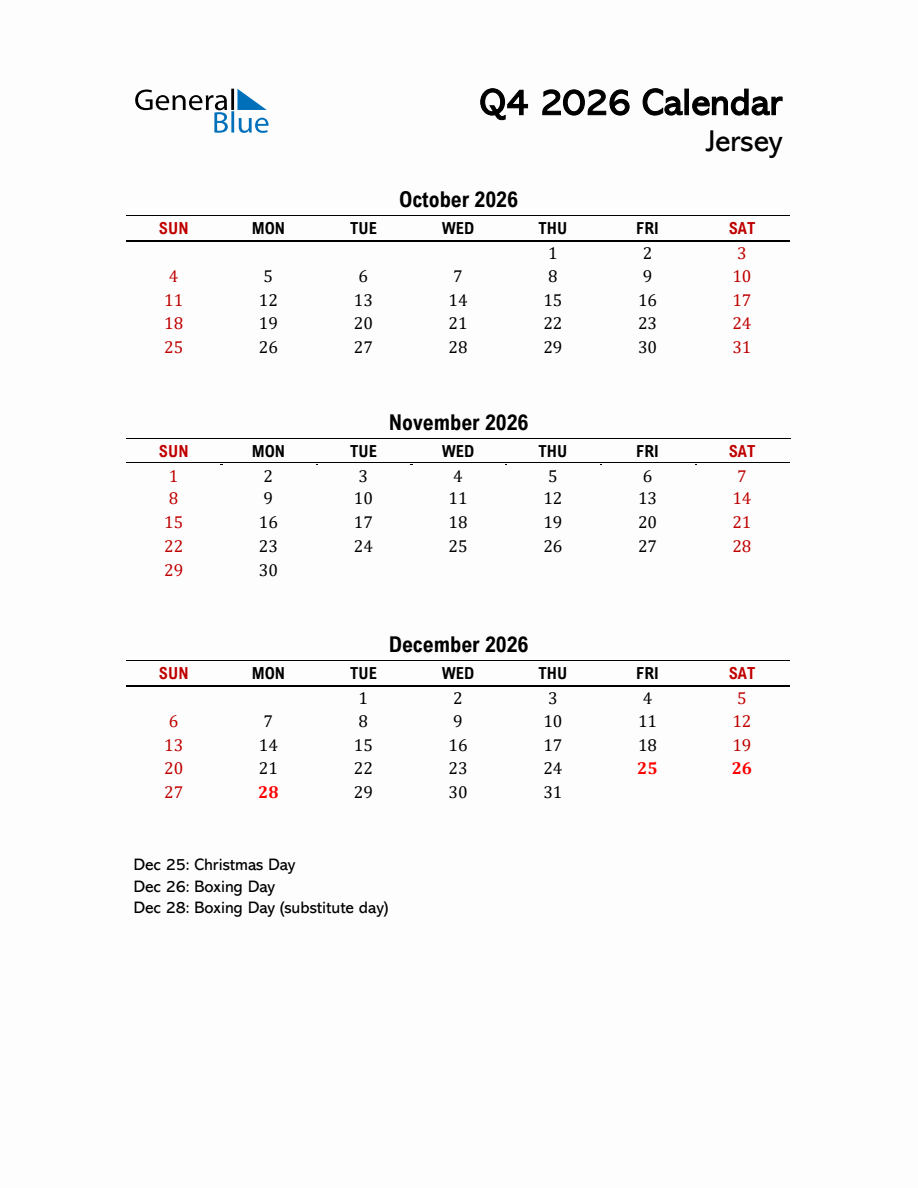 2026 Q4 Calendar with Holidays List for Jersey