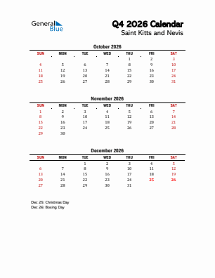 Saint Kitts and Nevis Quarter 4  2026 calendar template