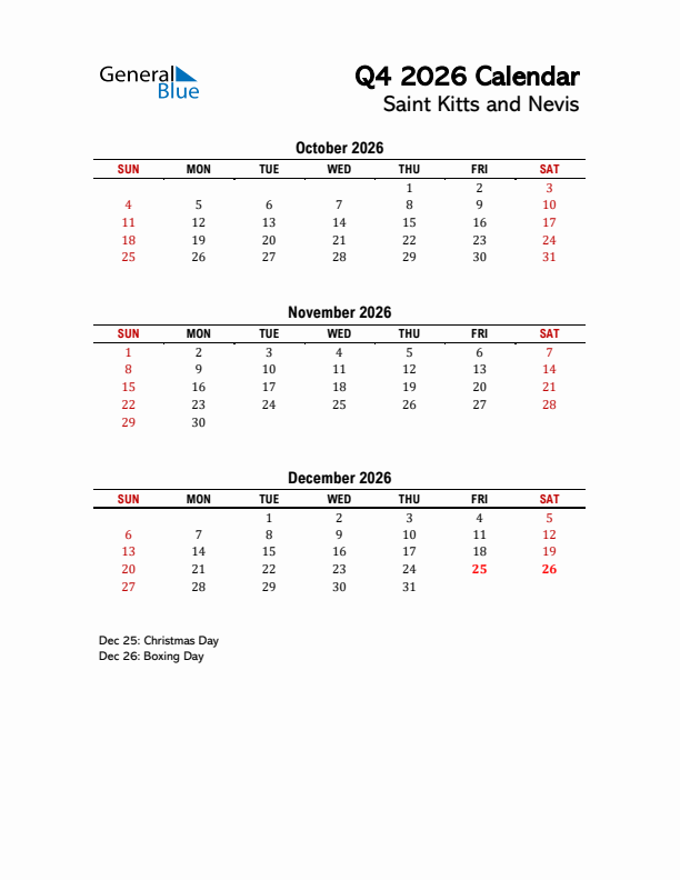 2026 Q4 Calendar with Holidays List for Saint Kitts and Nevis