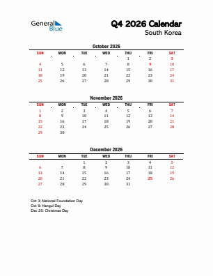 South Korea Quarter 4  2026 calendar template