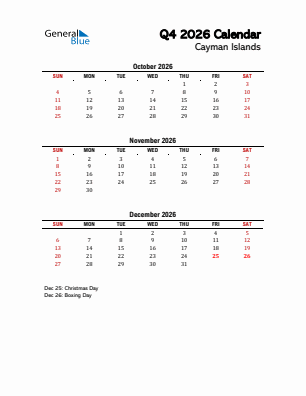 Cayman Islands Quarter 4  2026 calendar template