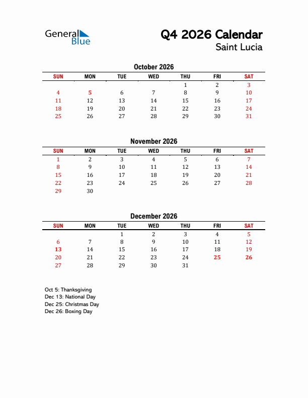2026 Q4 Calendar with Holidays List for Saint Lucia