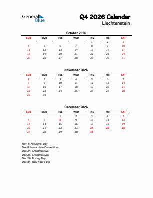 Liechtenstein Quarter 4  2026 calendar template