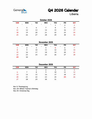 Liberia Quarter 4  2026 calendar template