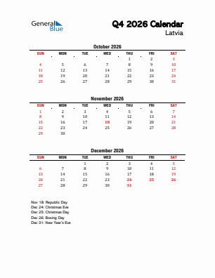 Latvia Quarter 4  2026 calendar template