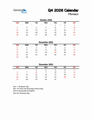 Monaco Quarter 4  2026 calendar template