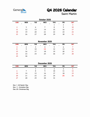 Saint Martin Quarter 4  2026 calendar template