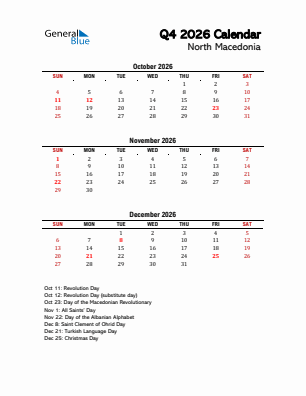 North Macedonia Quarter 4  2026 calendar template