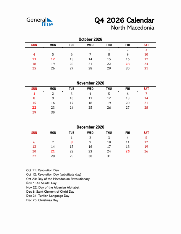 2026 Q4 Calendar with Holidays List for North Macedonia