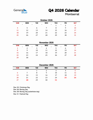 Montserrat Quarter 4  2026 calendar template