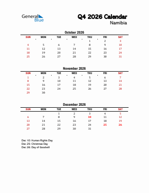 Namibia Quarter 4  2026 calendar template