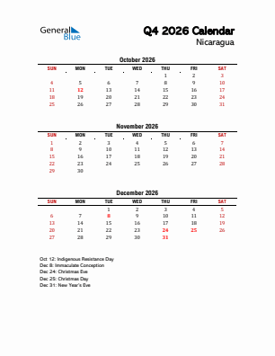 Nicaragua Quarter 4  2026 calendar template
