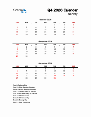 Norway Quarter 4  2026 calendar template