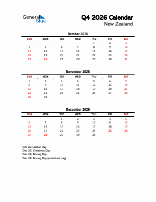 New Zealand Quarter 4  2026 calendar template