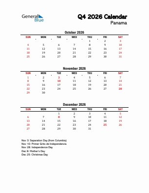 Panama Quarter 4  2026 calendar template