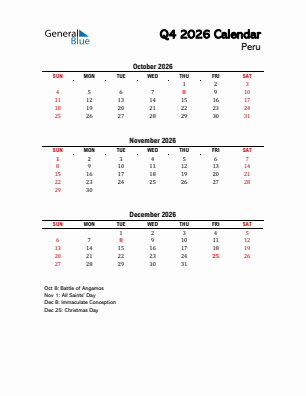 Peru Quarter 4  2026 calendar template