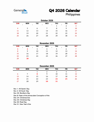Philippines Quarter 4  2026 calendar template