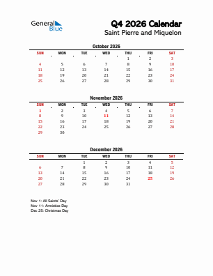 Saint Pierre and Miquelon Quarter 4  2026 calendar template