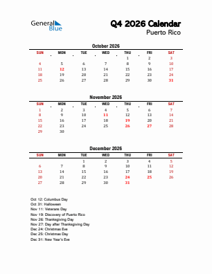 Puerto Rico Quarter 4  2026 calendar template