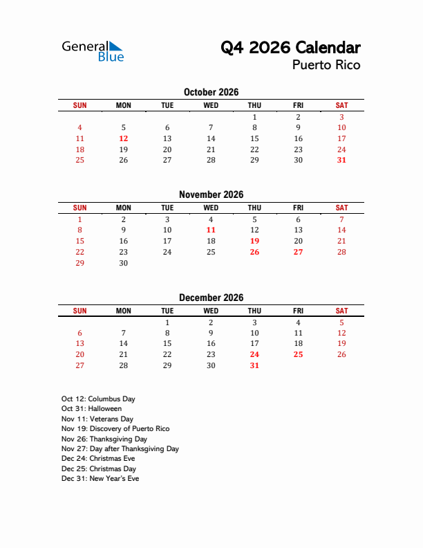 2026 Q4 Calendar with Holidays List for Puerto Rico