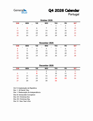 Portugal Quarter 4  2026 calendar template