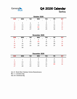 Serbia Quarter 4  2026 calendar template