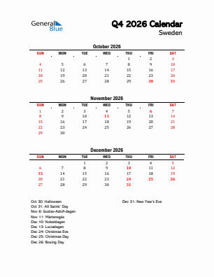Sweden Quarter 4  2026 calendar template