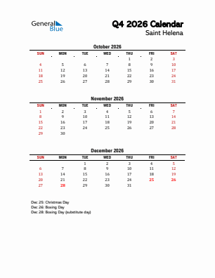 Saint Helena Quarter 4  2026 calendar template
