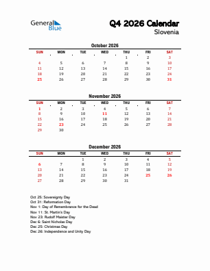 Slovenia Quarter 4  2026 calendar template