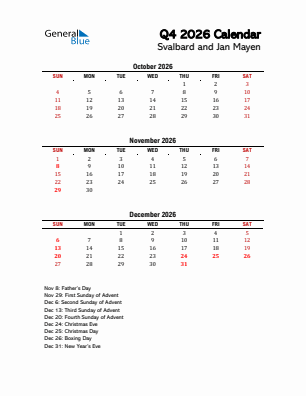 Svalbard and Jan Mayen Quarter 4  2026 calendar template